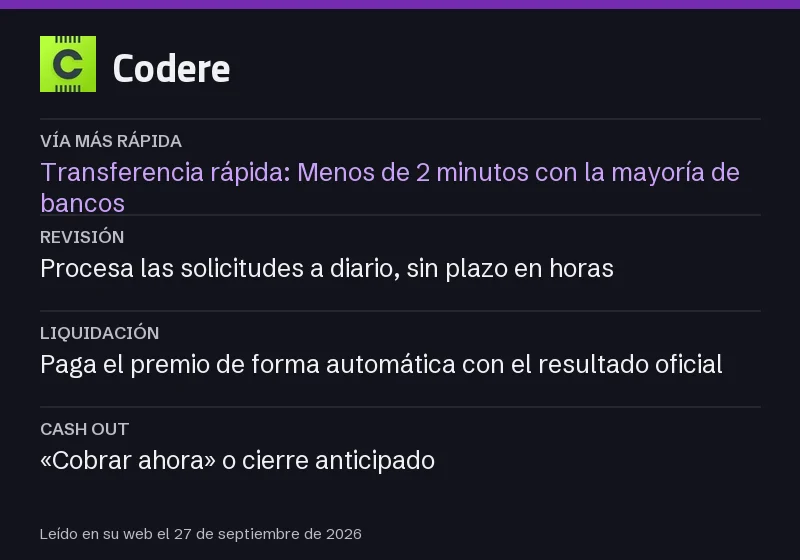 Hoja de tiempos de Codere: vía más rápida, revisión, liquidación y cash out