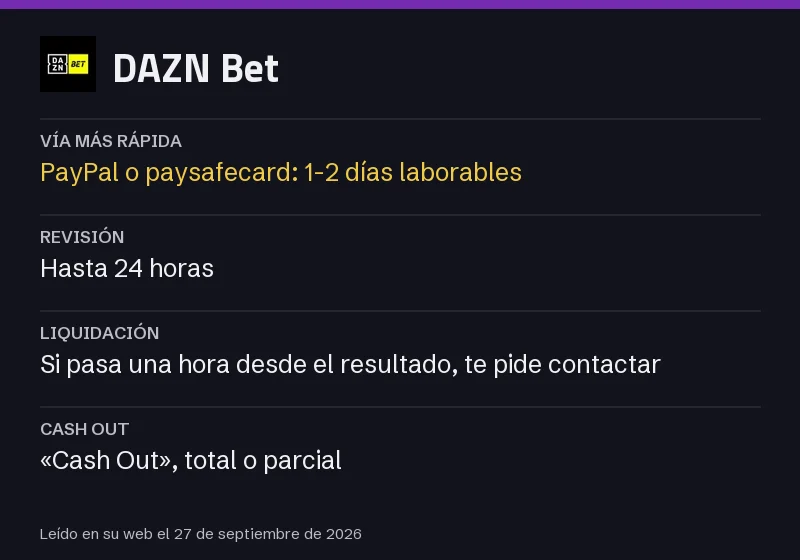 Hoja de tiempos de DAZN Bet: vía más rápida, revisión, liquidación y cash out