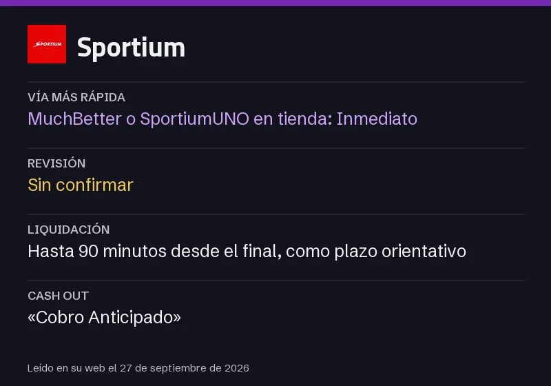 Hoja de tiempos de Sportium: vía más rápida, revisión, liquidación y cash out